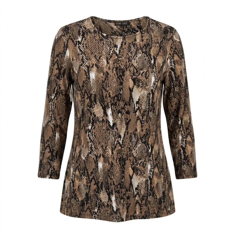 NEW Boho Chic Womens Snakeskin Print 3/4 Sleeve Top Brown Tan Size M - AC